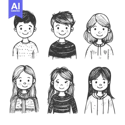 Aset desain premium: Hand-Drawn Sketches of Children with Smiling Faces and Clothing