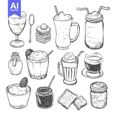 Aset premium populer: Hand Drawn Sketches of Coffee, Smoothies, and Desserts