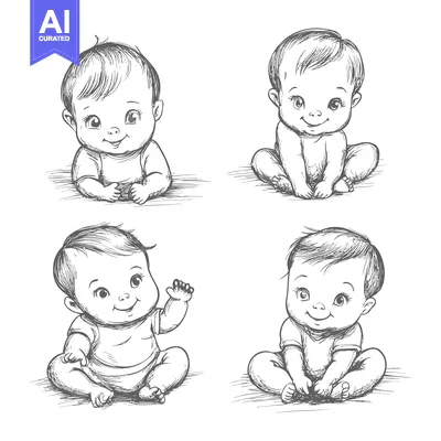 Aset desain premium: Hand-drawn Sketches of Cute Babies in Various Poses