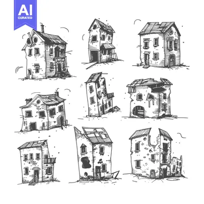 Hand-drawn sketches of dilapidated buildings with missing roofs and wa