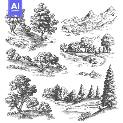 Aset desain premium: Hand-drawn Sketches of Diverse Trees and Mountainous Landscapes