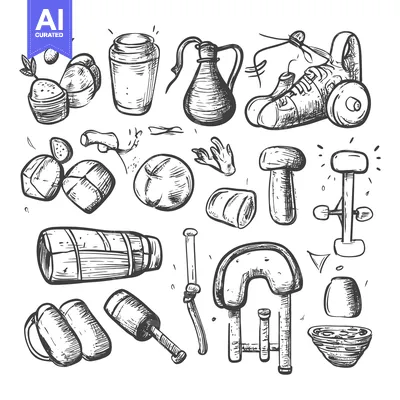 Aset desain premium: Hand-Drawn Sketches of Everyday Objects and Sporting Equipment