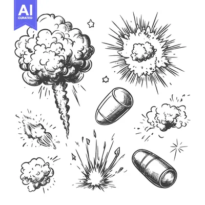 Aset premium populer: Hand-drawn sketches of explosions and projectiles
