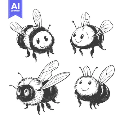 Aset desain premium: Hand-drawn Sketches of Four Cartoon Bumblebees