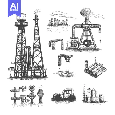 Premium design asset: Hand-drawn Sketches of Industrial Oil and Gas Refineries