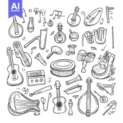 Aset premium populer: Hand-Drawn Sketches of Musical Instruments and Symbols