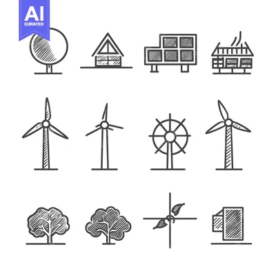 Aset premium populer: Hand-Drawn Sketches of Renewable Energy Sources and Nature Elements