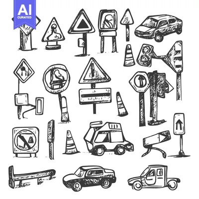 Aset premium populer: Hand-drawn sketches of road signs, traffic lights, cars and cones