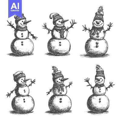 Aset desain premium: Hand-Drawn Sketches of Six Cheerful Snowmen in Winter Hats and Scarves