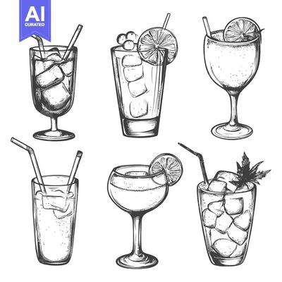 Aset premium populer: Hand-drawn Sketches of Six Different Cocktails with Ice and Garnishes