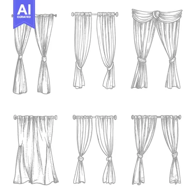 Aset desain premium: Hand-Drawn Sketches of Six Different Curtain Styles