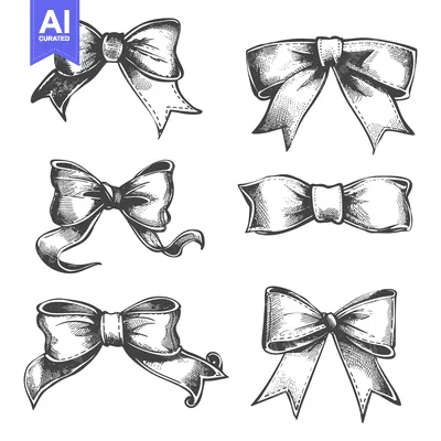 Aset desain premium: Hand-Drawn Sketches of Six Different Ribbon Bows with Tail Variations
