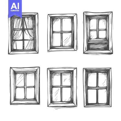 Aset desain premium: Hand-Drawn Sketches of Six Different Window Styles