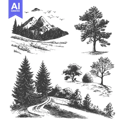 Aset premium populer: Hand-Drawn Sketches of Trees, Mountains, and a Winding Road