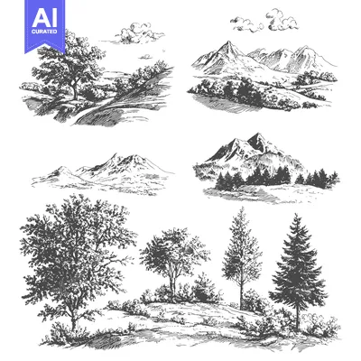 Aset desain premium: Hand-Drawn Sketches of Trees, Mountains, and Landscapes
