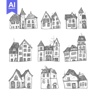 Aset desain premium: Hand-Drawn Sketches of Various Architectural Houses
