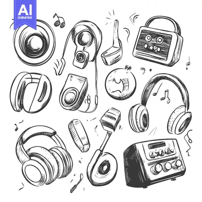 Aset premium populer: Hand-Drawn Sketches of Various Audio Devices and Music Notes