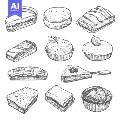 Aset desain premium: Hand-Drawn Sketches of Various Baked Goods and Desserts