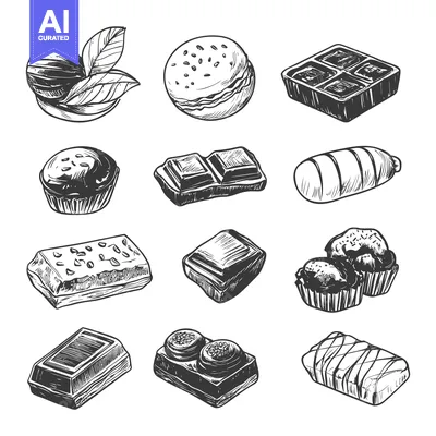 Aset premium populer: Hand-Drawn Sketches of Various Chocolate Sweets and Confections