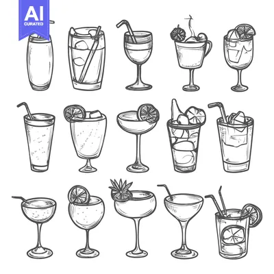 Aset premium populer: Hand-drawn Sketches of Various Cocktail Glasses and Drinks
