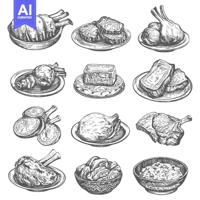 Aset desain premium: Hand-Drawn Sketches of Various Cuts of Meat on Plates and Bowls