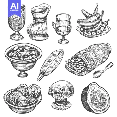 Aset premium populer: Hand-Drawn Sketches of Various Food and Objects