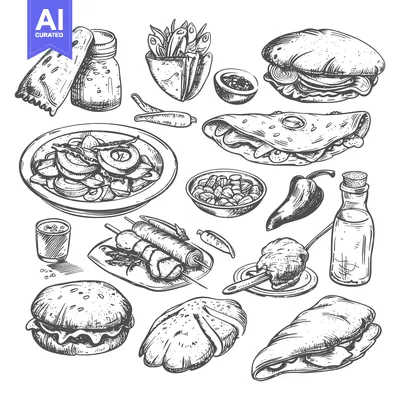 Aset premium populer: Hand-drawn Sketches of Various Food Items