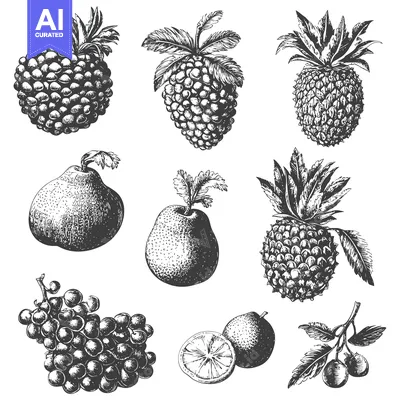 Aset premium populer: Hand-Drawn Sketches of Various Fruits in Black and White