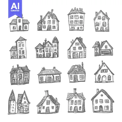 Aset desain premium: Hand-Drawn Sketches of Various House Designs