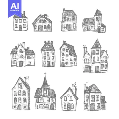 Aset desain premium: Hand-Drawn Sketches of Various Houses with Detailed Facades