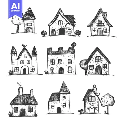 Aset desain premium: Hand-Drawn Sketches of Various Houses with Trees