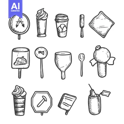 Aset desain premium: Hand-Drawn Sketches of Various Ice Cream Treats and Cones