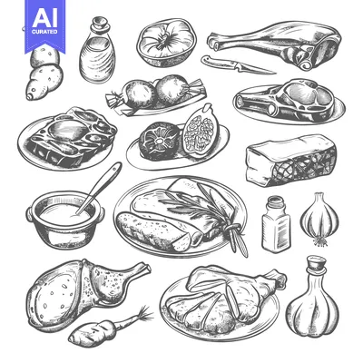 Aset premium populer: Hand-Drawn Sketches of Various Meats and Ingredients for Cooking
