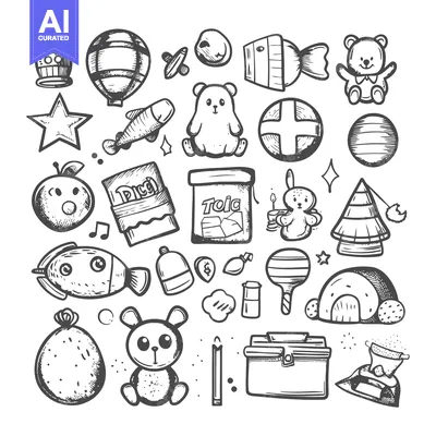 Aset premium populer: Hand-Drawn Sketches of Various Objects for Children