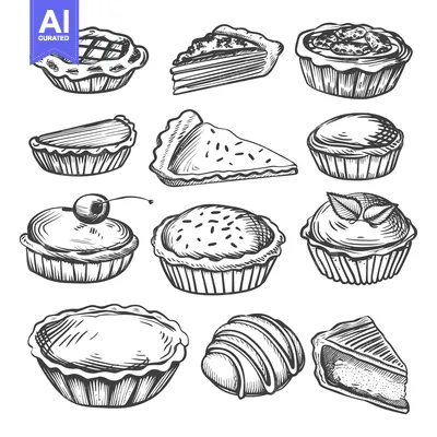 Aset desain premium: Hand-drawn Sketches of Various Pie and Pastry Types