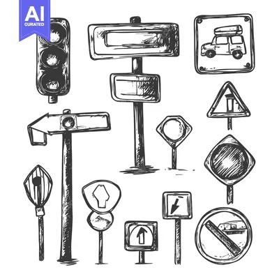 Popular premium asset: Hand-Drawn Sketches of Various Road Signs and a Traffic Light