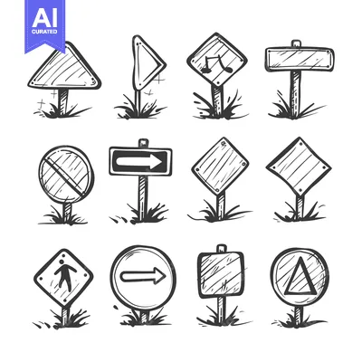 Hand-drawn Sketches of Various Road Signs with Posts and Grass