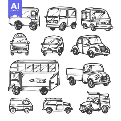 Aset premium populer: Hand-Drawn Sketches of Various Vehicles, Including Vans, Buses, and Tr
