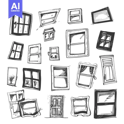 Aset desain premium: Hand-Drawn Sketches of Various Windows and Doors