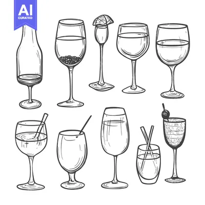 Aset desain premium: Hand-Drawn Sketches of Various Wine Glasses and a Bottle