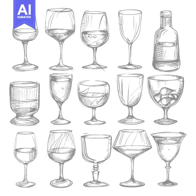 Aset premium populer: Hand-Drawn Sketches of Various Wine Glasses and a Bottle