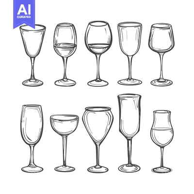 Aset premium populer: Hand-drawn sketches of various wine glasses, empty and full.
