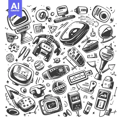 Aset desain premium: Hand-drawn Sketches of Vintage Electronics and Technology