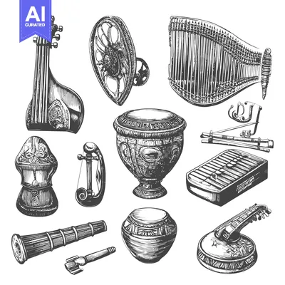 Aset premium populer: Hand-drawn Sketches of Vintage Musical Instruments and Drums