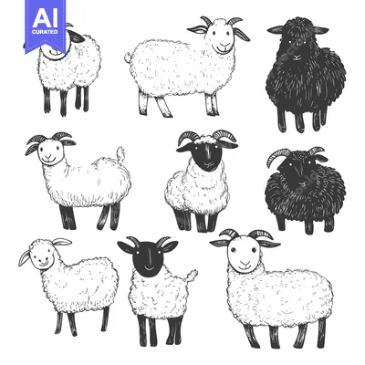 Aset premium populer: Hand-drawn Sketches of White and Black Sheep in Different Poses
