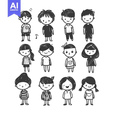 Aset desain premium: Hand-Drawn Sketch of 12 Happy Children in Various Outfits