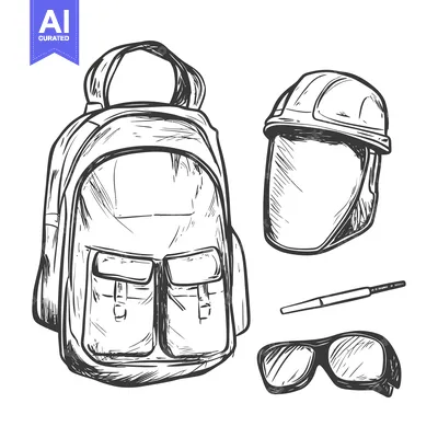 Popular premium asset: Hand-Drawn Sketch of a Backpack, Hard Hat, Sunglasses, and Pen