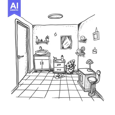 Aset desain premium: Hand-Drawn Sketch of a Bathroom Interior with Sink, Mirror, and Furnit