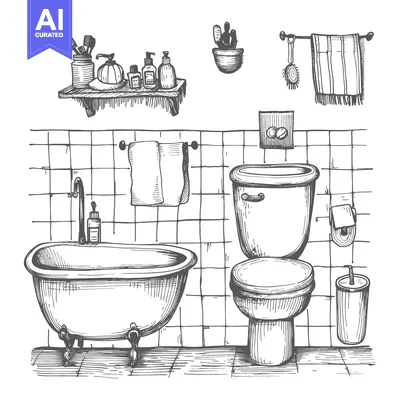 Popular premium asset: Hand-Drawn Sketch of a Bathroom with a Bathtub, Toilet, and Accessorie