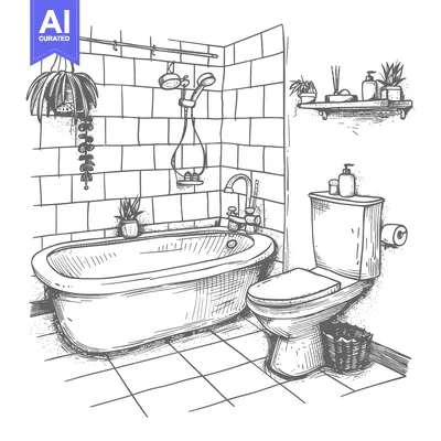 Premium design asset: Hand-drawn sketch of a bathroom with a bathtub, toilet, and plants